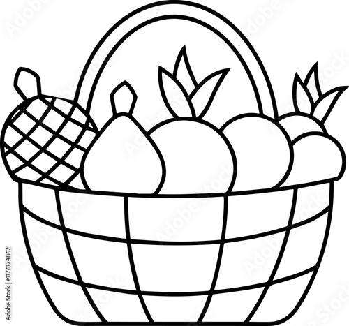 Line Drawing of a Fruit Basket Filled with Grapes, and Apples