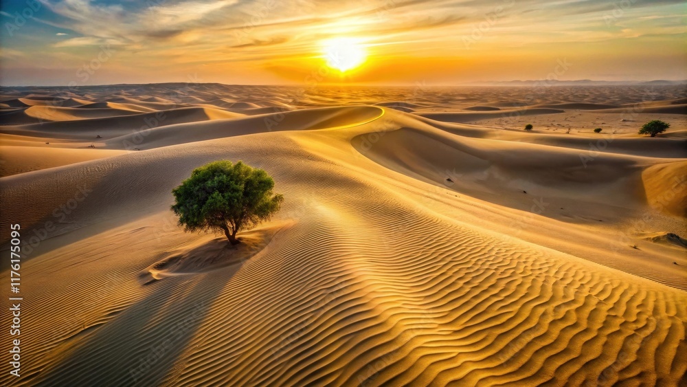 Fototapeta premium A lone tree stands in the golden light of a desert sunset, casting a long shadow across the rippled sand dunes