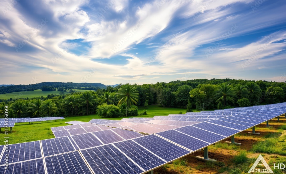 Solar park on a green field innovative solar panel innovation power electricity energy technology panel renewable