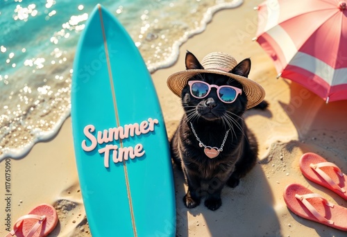 Black cat in summer and a blue surfboard with fun graphics set against a stunning beach photo