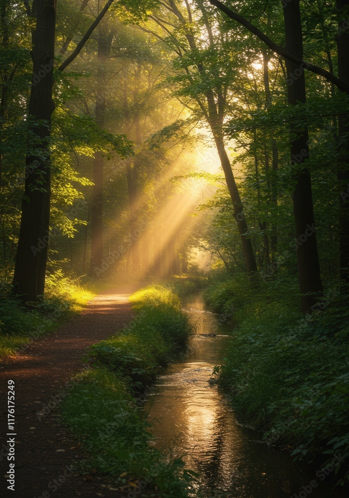 Fototapeta premium Sunlit forest path with golden rays through lush green trees alongside a tranquil stream