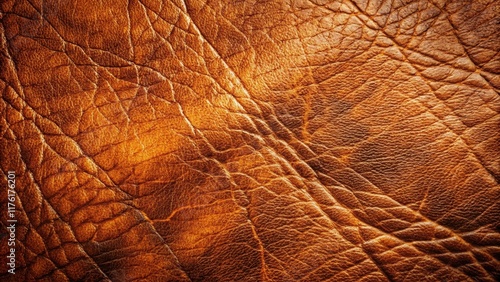 A close-up view of a textured brown leather surface exhibiting intricate lines and a subtle shimmer