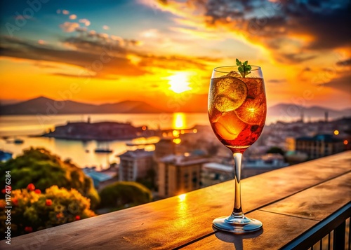 Aperol Spritz Cocktail at Sunset Luxury Hotel Terrace with Ocean & City Views