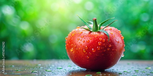 A Vibrant Red Tomato Adorned with Dew Drops, Resting on a Smooth Wooden Surface with a Softly Blurred Background of Lush Green Foliage