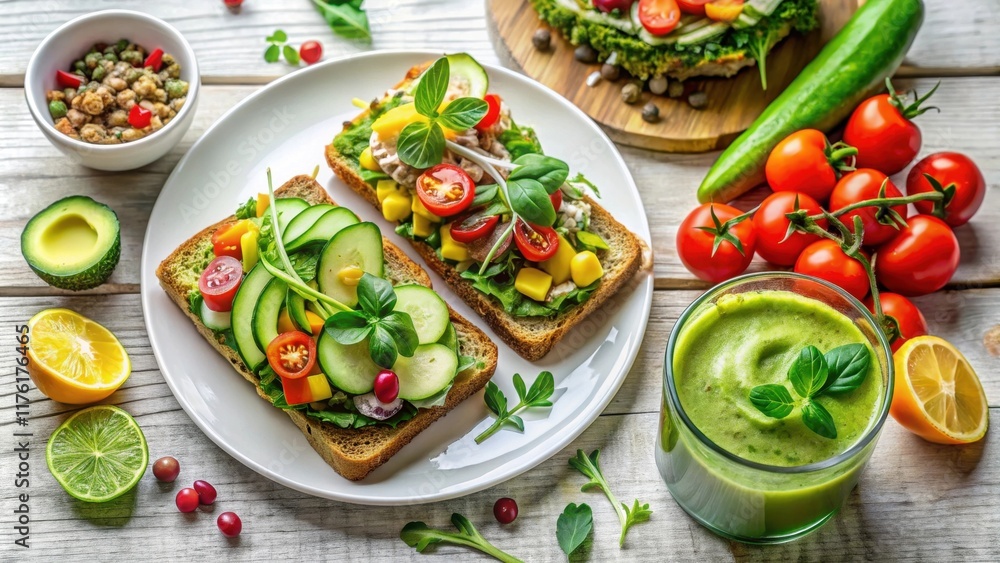 A vibrant spread of fresh produce, featuring open-faced sandwiches layered with colorful vegetables, alongside a refreshing green smoothie and a bowl of crunchy seeds. A vibrant spread of fresh produce, featuring open-faced sandwiches layered with colorful vegetables, alongside a refreshing green smoothie and a bowl of crunchy seeds.