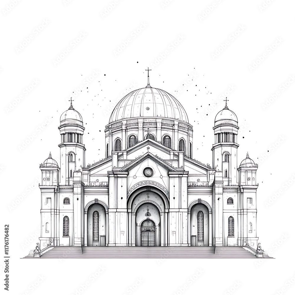 Architectural Sketch of a Grand Cathedral with Domes and Columns. Architectural Sketch of a Grand Cathedral with Domes and Columns.