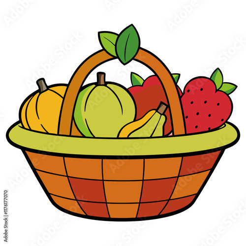 colorful Drawing of a Fruit Basket Filled with Grapes, and Apples, vector illustration 