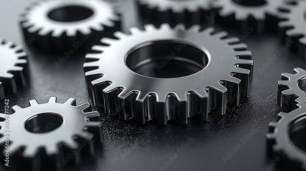 Interlocking metal gears on dark surface; teamwork, industry Interlocking metal gears on dark surface; teamwork, industry