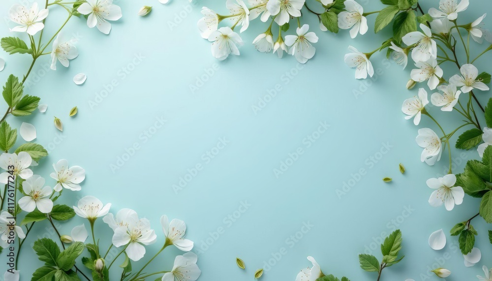 Fototapeta premium Pastel Blue Background with White Flowers, Spring Floral Border