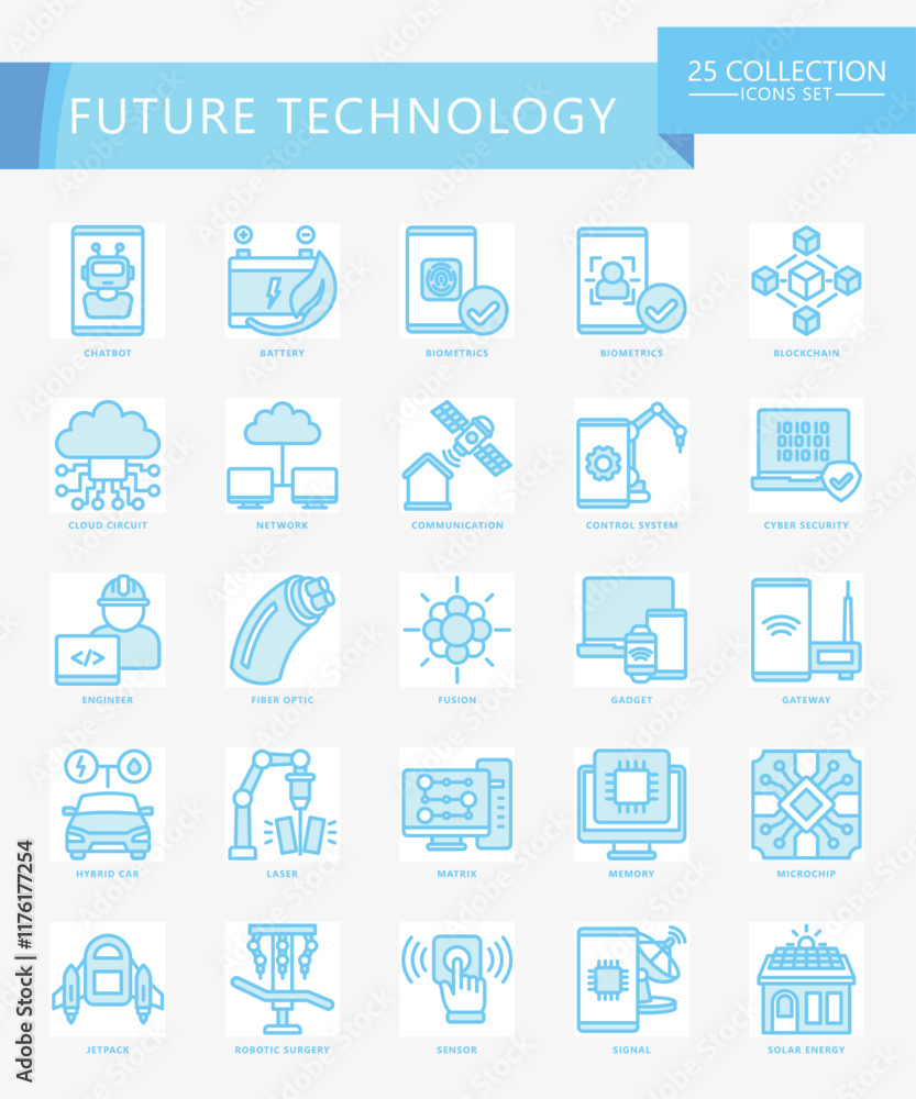 Future Technology blue color icons set. contain bot, blockchain, signal, fiber, cloud, chatbot, chip, server and more. Vector EPS 10 for print, digital UI, UX kit, web, app for technology, education Future Technology blue color icons set. contain bot, blockchain, signal, fiber, cloud, chatbot, chip, server and more. Vector EPS 10 for print, digital UI, UX kit, web, app for technology, education