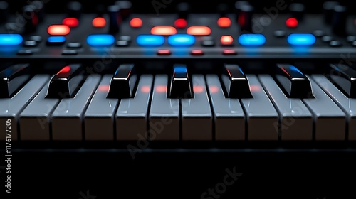 Illuminated keyboard keys, studio setup, music production, close-up, dark background, for website banners