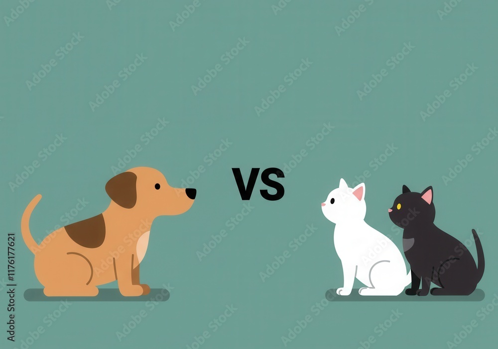 Naklejka premium Playful competition: adorable dog facing cats in minimalist design