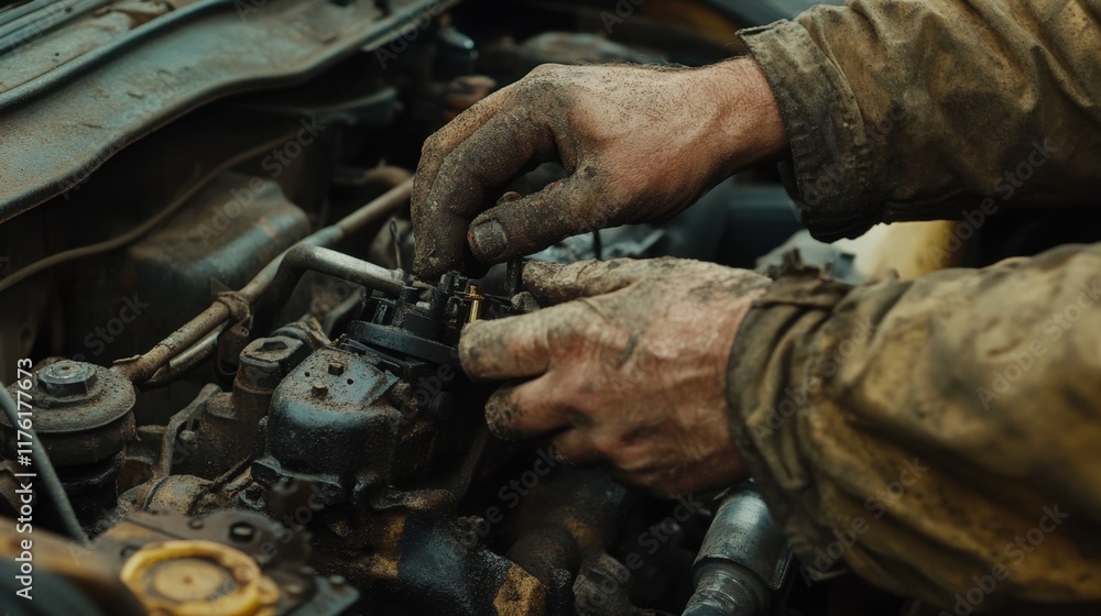 Grimy Hands Repairing a Dirty Car Engine: A Close-Up View of Mechanical Work Grimy Hands Repairing a Dirty Car Engine: A Close-Up View of Mechanical Work
