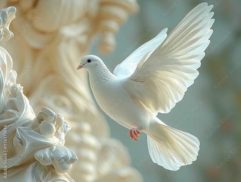 Obraz premium A graceful white dove in flight against an ornate background.