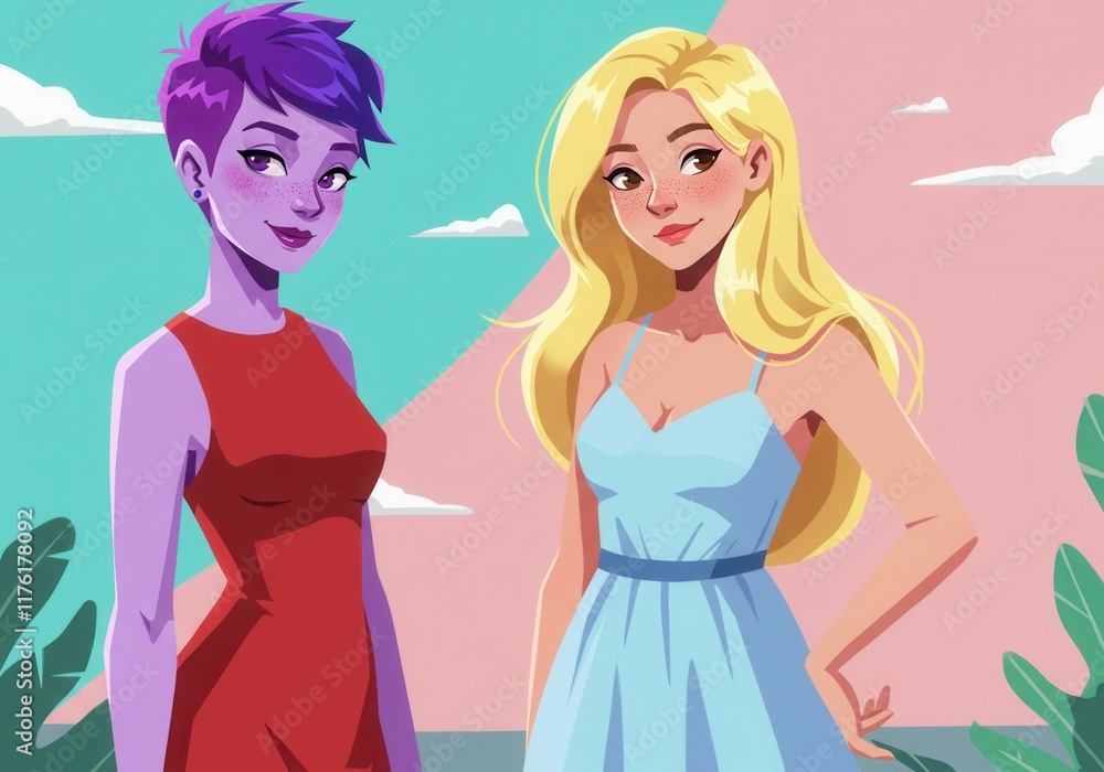 Stylish animated characters: purple-haired and blonde duo in vibrant outfits Stylish animated characters: purple-haired and blonde duo in vibrant outfits