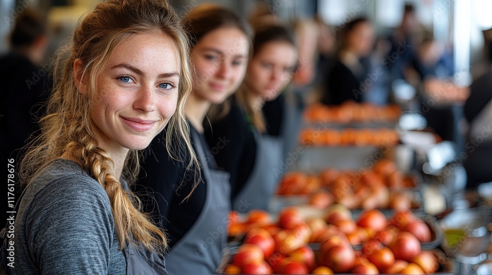 A group of young women smiling while working with fresh produce at a market or food event. A group of young women smiling while working with fresh produce at a market or food event.