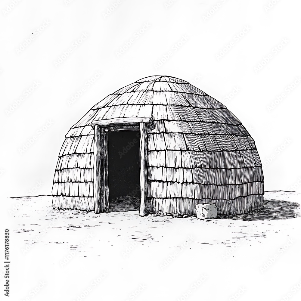 Black and white illustration of a traditional dome-shaped hut with a wooden door. Black and white illustration of a traditional dome-shaped hut with a wooden door.