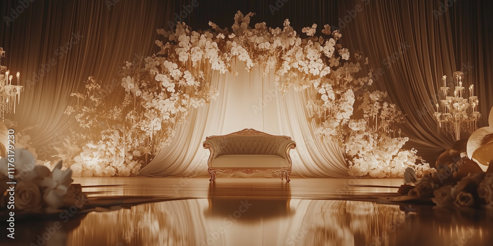 Fototapeta premium Luxurious Wedding Stage Decor with Floral Arch and Chandelier