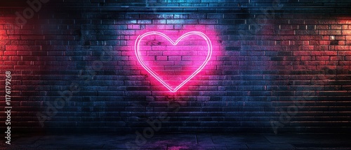 A neon heart glowing in vibrant pink and red tones against a dark brick wall with space for text copy space urban theme vibrant overlay downtown backdrop