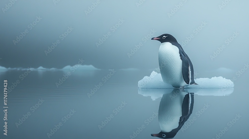 Fototapeta premium A solitary penguin stands on an iceberg, reflecting in calm waters amidst a misty atmosphere.