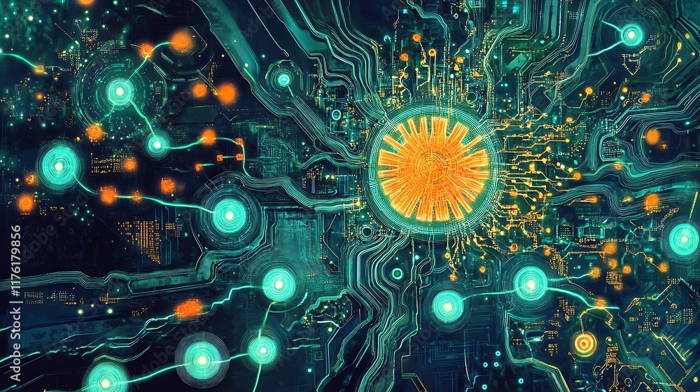Obraz premium Generative AI artwork depicting a glowing futuristic chipset with intricate circuits