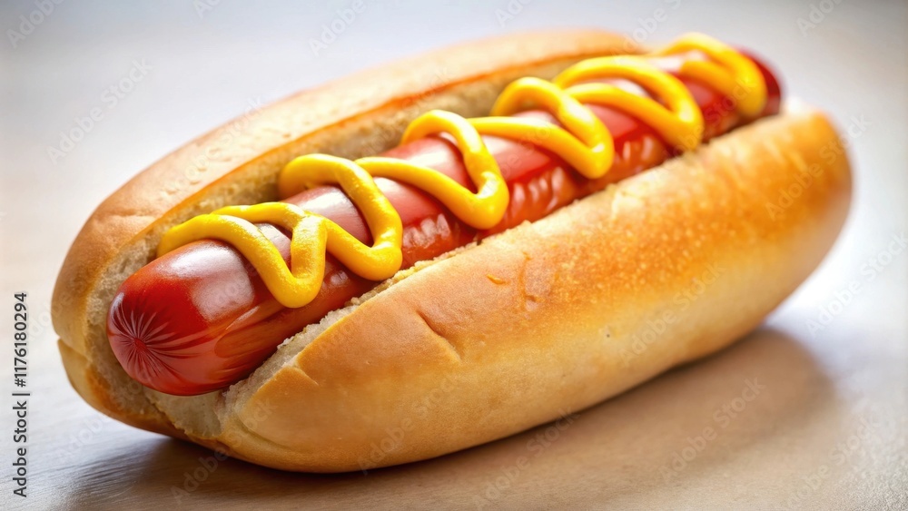 A Close-Up View of a Savory Hot Dog with Mustard, Displaying the Crispy Bun and Juicy Sausage A Close-Up View of a Savory Hot Dog with Mustard, Displaying the Crispy Bun and Juicy Sausage
