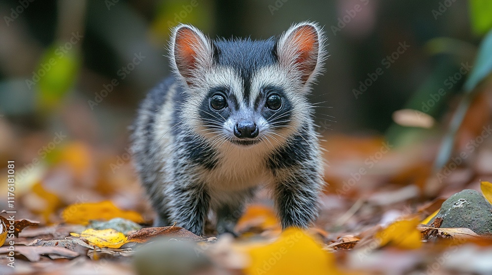 Obraz premium A small, cute animal with distinctive markings, exploring a forest floor covered in autumn leaves.
