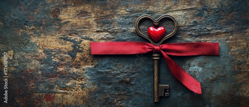 Vintage keys with heartshaped handles tied with a red ribbon on a textured background leaving space for text close up nostalgic theme realistic overlay antique shop backdrop photo