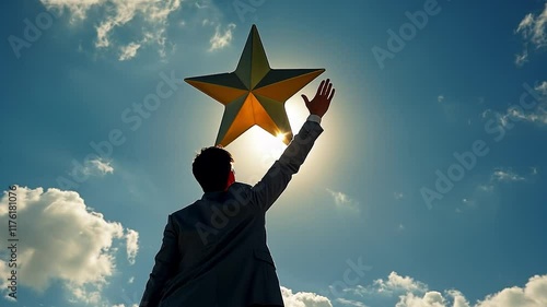 Achieving Greatness: Inspirational Concept of Success, Motivation, and Reaching for Goals Under a Bright Sky with Sunlight and Star Symbol
