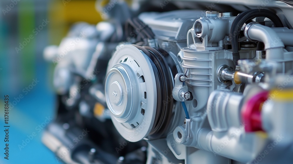 Close-up of a clean, powerful industrial engine's components. Close-up of a clean, powerful industrial engine's components.