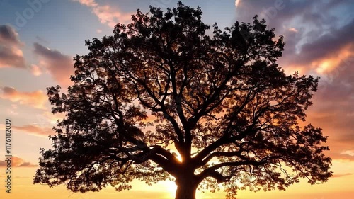 Majestic Tree Silhouette at Sunset: Breathtaking Nature Scene of Sunlight, Tranquility, and the Beauty of an Expansive Landscape