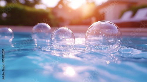Wallpaper Mural Bubbles floating on the surface of a serene pool, reflecting sunlight in a tranquil setting. Torontodigital.ca