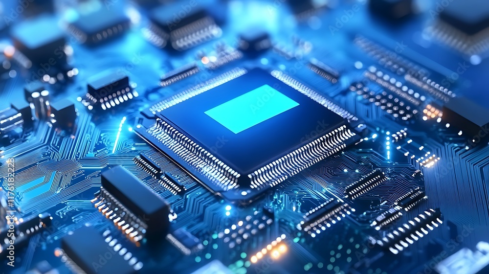 Advanced AI futuristic chipset design radiating with a cyber aura