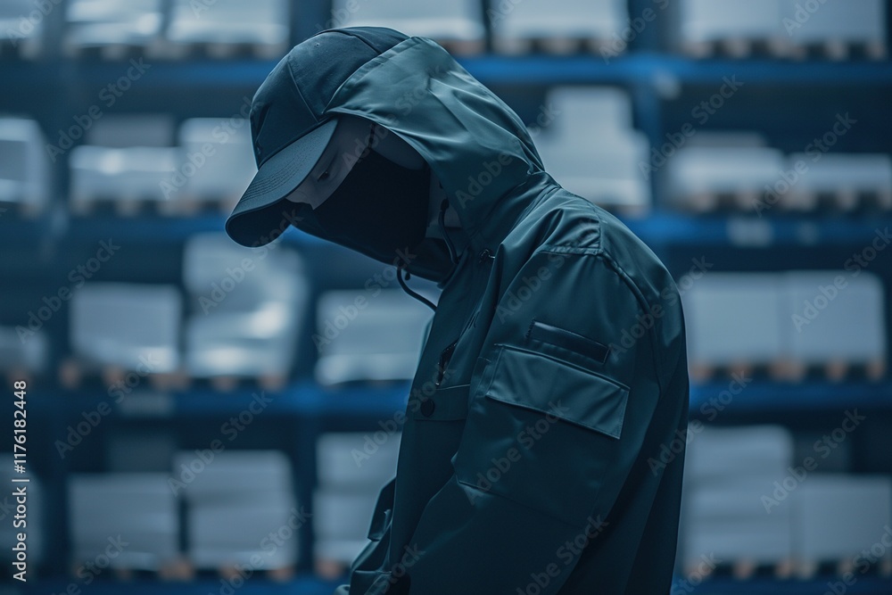 Obraz premium Hooded person standing in warehouse, head down.