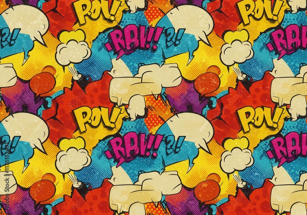 Obraz premium Vibrant comic book style pop art with speech bubbles and explosions