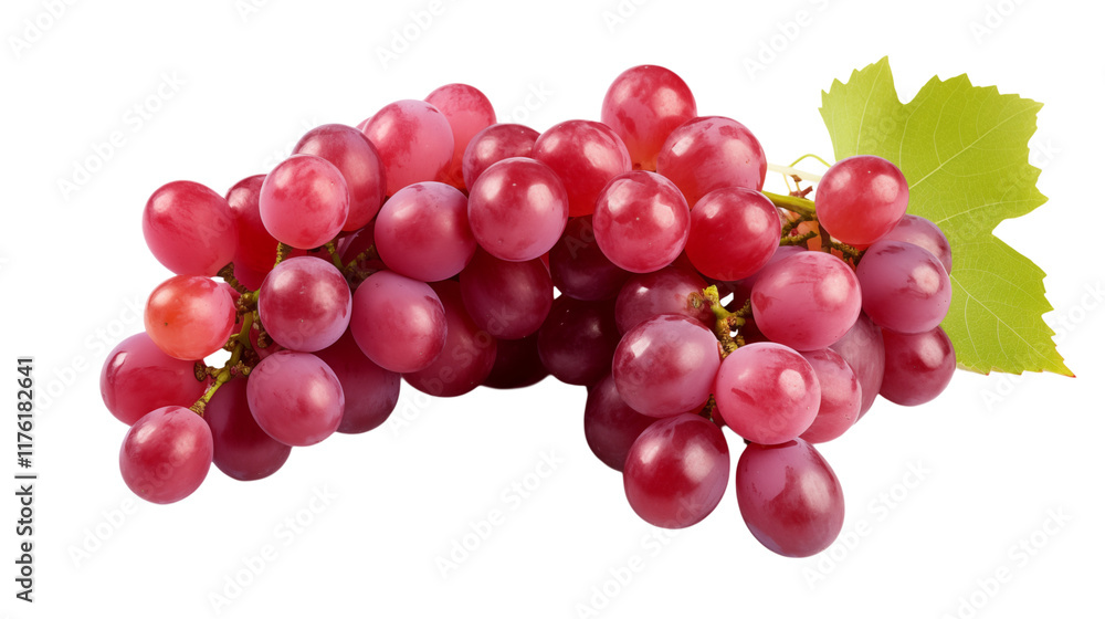 Fototapeta premium A bunch of red grapes with leaves isolated on a transparent background