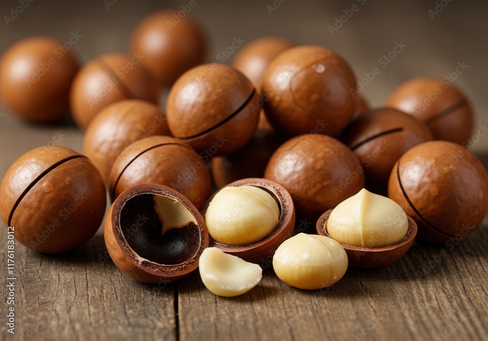 Fresh macadamia nuts on rustic wooden table Fresh macadamia nuts on rustic wooden table