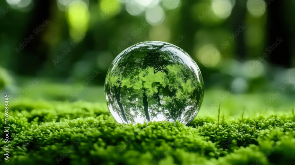 Crystal globe glass on green moss in forest to protect nature Save and care World for sustainable Crystal globe glass on green moss in forest to protect nature Save and care World for sustainable