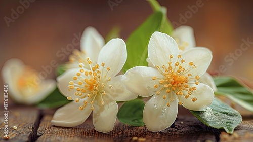 Close-up of two delicate white jasmine flowers with yellow centers, resting on a rustic wooden surface. photo