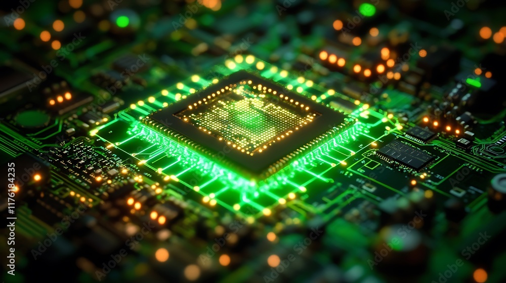 Obraz premium Generative futuristic chipset glowing within a cybernetic neon grid