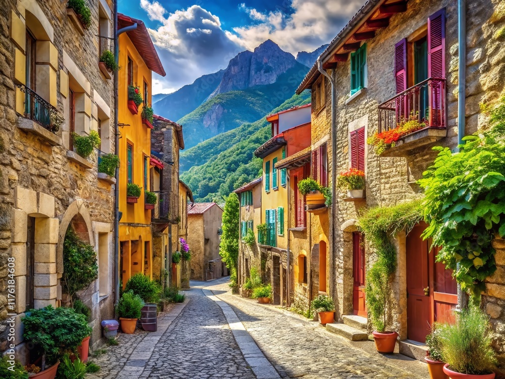 Fototapeta premium Charming cobblestone street, Villefranche-de-Conflent, Pyrenees, France. Historic architecture, mountain village.