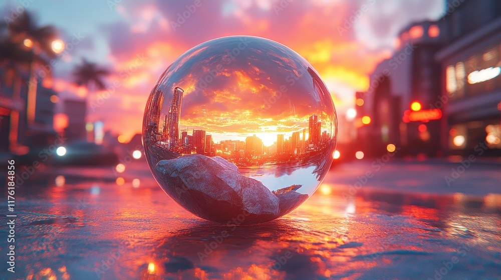 Cityscape reflected in a chrome sphere at sunset. Cityscape reflected in a chrome sphere at sunset.