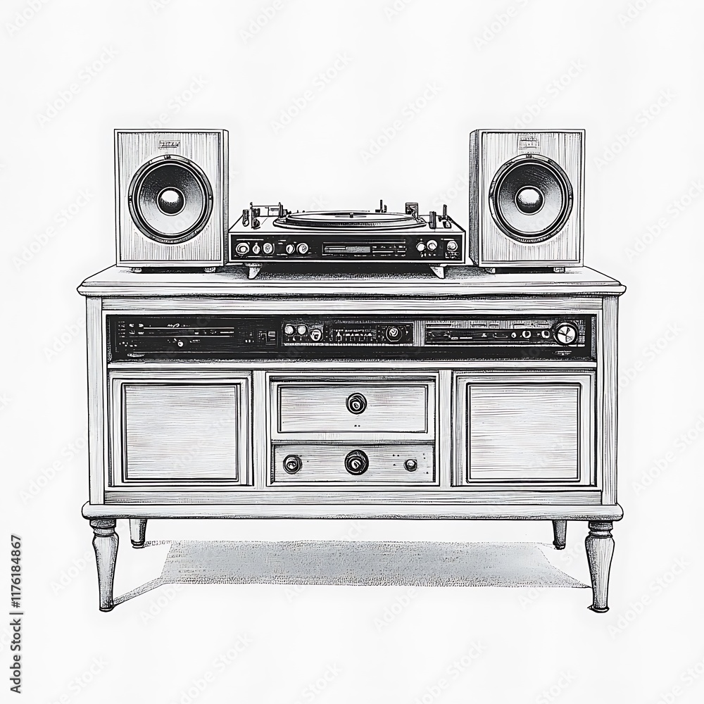 Obraz premium Vintage Stereo System on Wooden Cabinet Hand-Drawn Illustration.