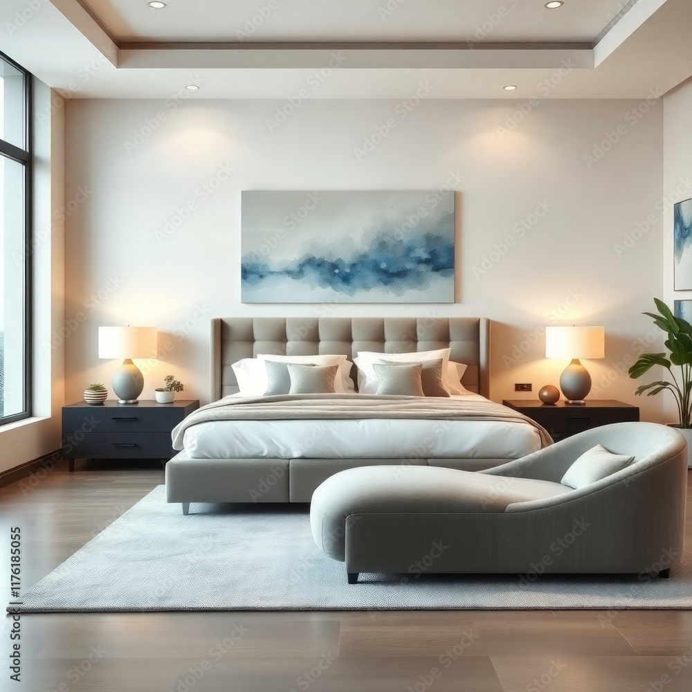a serene and modern bedroom, characterized by its elegant design and calming color palette. Bed, Artwork, Lighting, Seating Area, Plant Decor, Flooring, Windows. a serene and modern bedroom, characterized by its elegant design and calming color palette. Bed, Artwork, Lighting, Seating Area, Plant Decor, Flooring, Windows.