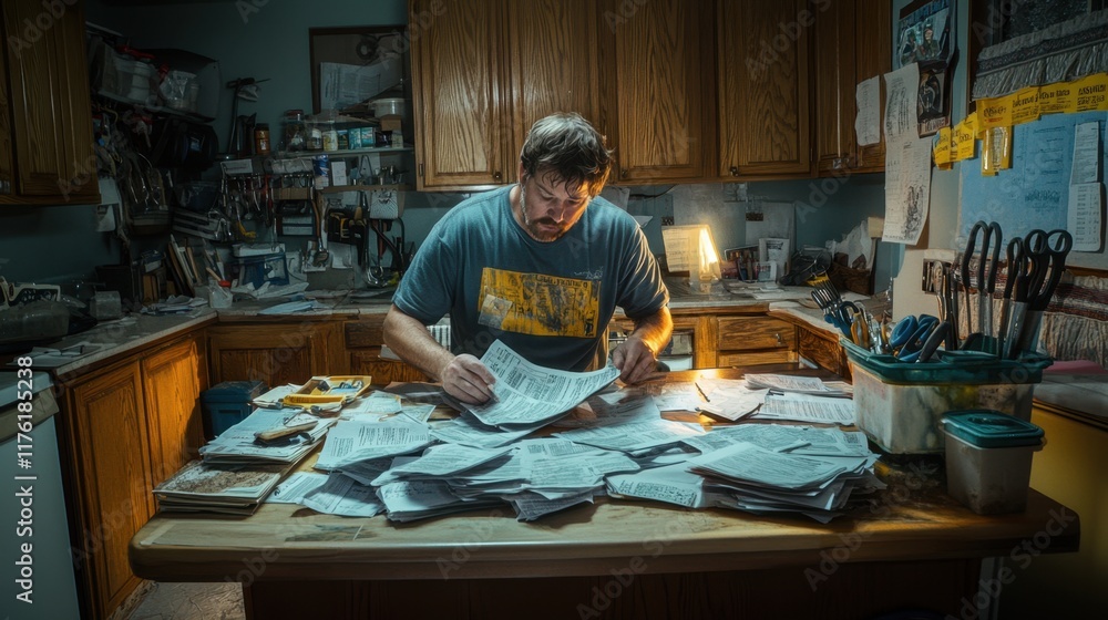 A Man's Intense Focus Amidst a Cluttered Kitchen: Sorting Through a Mountain of Papers Under Dim Light A Man's Intense Focus Amidst a Cluttered Kitchen: Sorting Through a Mountain of Papers Under Dim Light