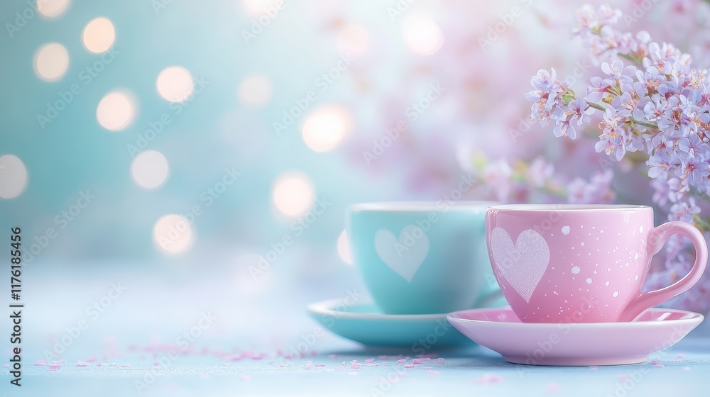 A delicate tea setup with heartshaped cups and saucers leaving space at the sides for text close up sweet theme whimsical overlay garden party backdrop A delicate tea setup with heartshaped cups and saucers leaving space at the sides for text close up sweet theme whimsical overlay garden party backdrop