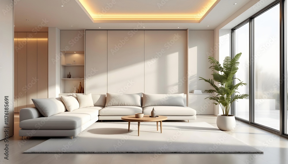 Fototapeta premium A modern and minimalist living room with a large white sectional sofa, a wooden coffee table, and potted plants. The room has a warm, neutral color palette and indirect lighting from the ceiling