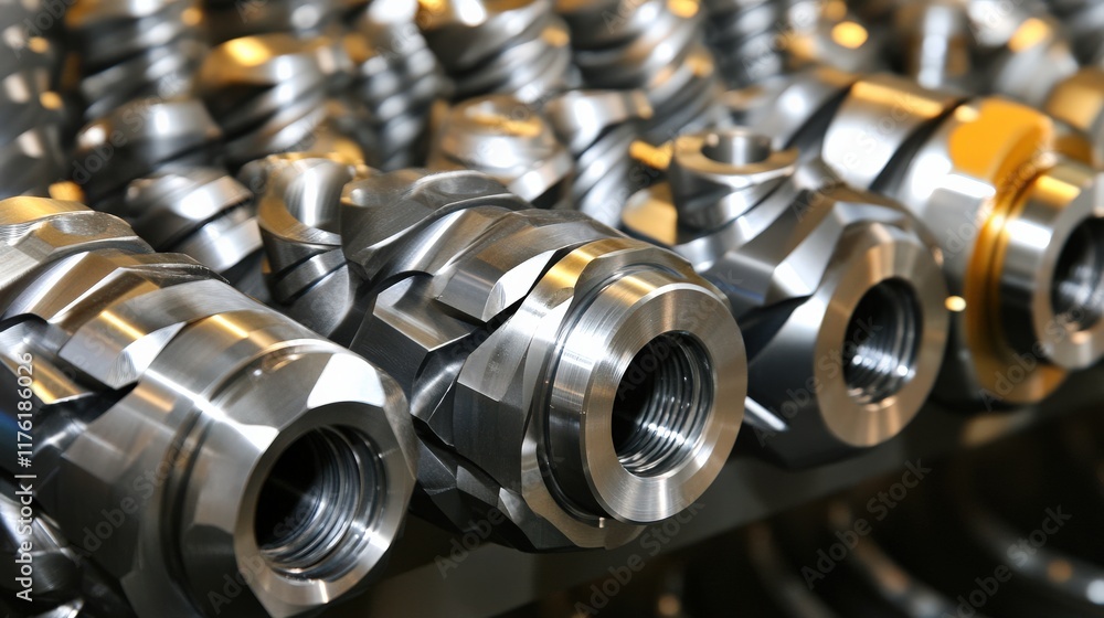 Close-up View of Precision Engineered Metal Parts Displaying Intricate Machining Details and High-Quality Craftsmanship in a Manufacturing Environment Close-up View of Precision Engineered Metal Parts Displaying Intricate Machining Details and High-Quality Craftsmanship in a Manufacturing Environment
