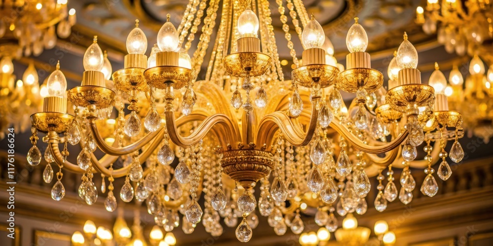 Fototapeta premium A glittering cascade of crystal teardrops hangs from a golden frame, illuminating the room with a warm, ethereal glow.