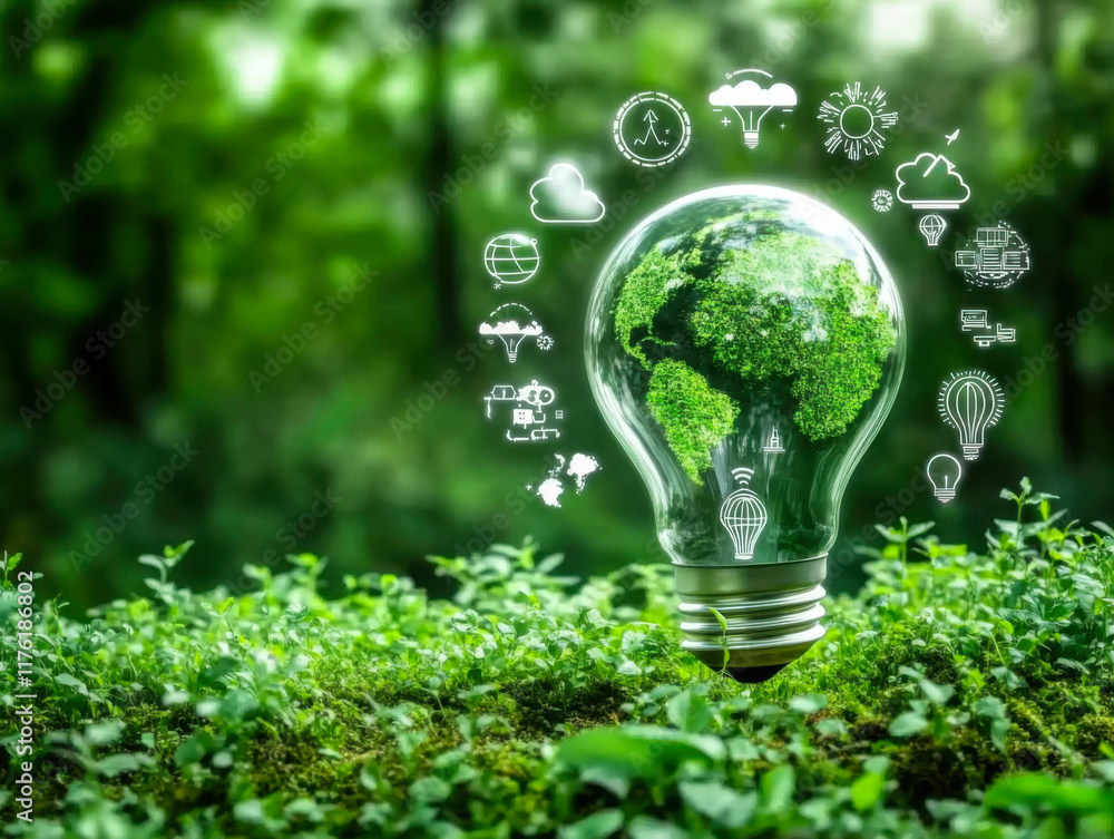 Fototapeta premium Green map in light bulb with renewable energy icon. Carbon emission low neutral